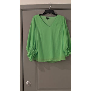 Women's 1. STATE Green V-Neck Blouse with Smocked Cuffs, Size S